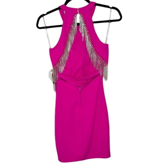 Emerald Sundae Sleeveless HighNeck Rhinestone Fringe Back Dress Neon Pink XS NWT - Picture 2 of 15